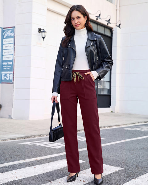 GRAPENT Corduroy Pants Women Straight Leg Leopard Print Drawstring Trousers High Waisted Fit, Elastic Waist with Cheetah Print Drawstring, Easy Pull On Style, Casual Work Pants, Fall Winter Outfits
