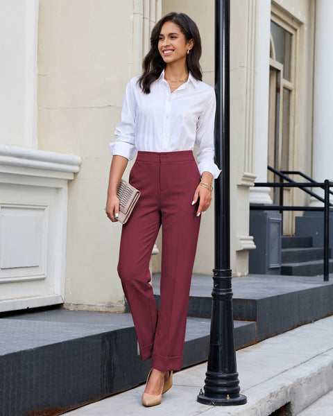 GRAPENT Dress Pants Women Ankle Straight Leg Business Casual Work Trousers Office Pants, Cuffed Hem, High Waisted, Elastic Back Waist, Stretchy Dressy Casual Slacks, Work Wear, Business Casual Outfits