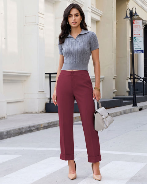 GRAPENT Dress Pants Women Ankle Straight Leg Business Casual Work Trousers Office Pants, Cuffed Hem, High Waisted, Elastic Back Waist, Stretchy Dressy Casual Slacks, Work Wear, Business Casual Outfits