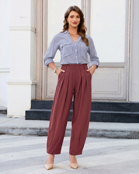 GRAPENT Dress Barrel Pants Women High Waisted Tapered Ankle Work Trousers Elastic Waist with Button-zip Closure, Pleated, 27" Inseam, 4 Pockets, Slacks for Women Business Casual, Work Office Outfits