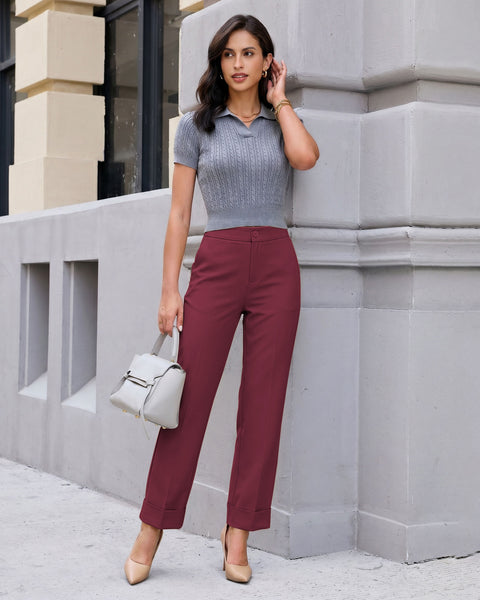 GRAPENT Dress Pants Women Ankle Straight Leg Business Casual Work Trousers Office Pants, Cuffed Hem, High Waisted, Elastic Back Waist, Stretchy Dressy Casual Slacks, Work Wear, Business Casual Outfits