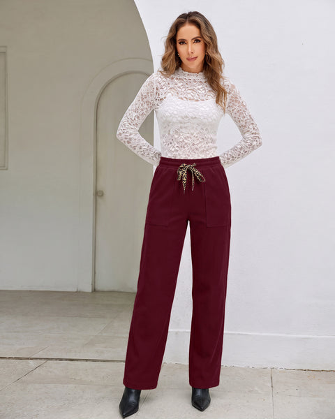 GRAPENT Corduroy Pants Women Straight Leg Leopard Print Drawstring Trousers High Waisted Fit, Elastic Waist with Cheetah Print Drawstring, Easy Pull On Style, Casual Work Pants, Fall Winter Outfits