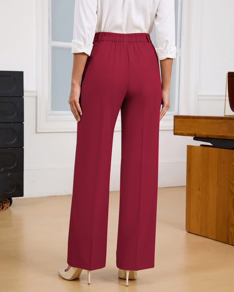 GRAPENT Business Casual Pants for Women Wide Leg Elastic Waist Work Trouser | Straight Wide Leg Dressy Casual Pants, High Waisted, Elastic Back Waist, Front Pleated, Cinched Waist, Work Office Outfits