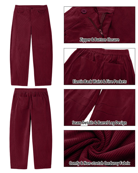 GRAPENT Corduroy Pants Women Barrel Elastic Waist Ankle Work Casual Trouser High Waisted Fit, Barrel Leg, Ankle Length, 27.5" Inseam, Functional Pockets, Fall Winter Pants, Dressy Casual Outfits