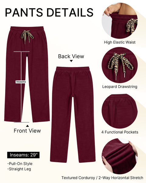 GRAPENT Corduroy Pants Women Straight Leg Leopard Print Drawstring Trousers High Waisted Fit, Elastic Waist with Cheetah Print Drawstring, Easy Pull On Style, Casual Work Pants, Fall Winter Outfits
