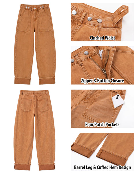 GRAPENT Barrel Jeans Women Cinched High Waisted Cuffed Stretchy Denim Pants Cropped Baggy Wide Leg Jeans, 27 Inch Inseam, Adjustable Cinched Waist, Big Pockets, Work Office Outfits, Casual Daily Wear