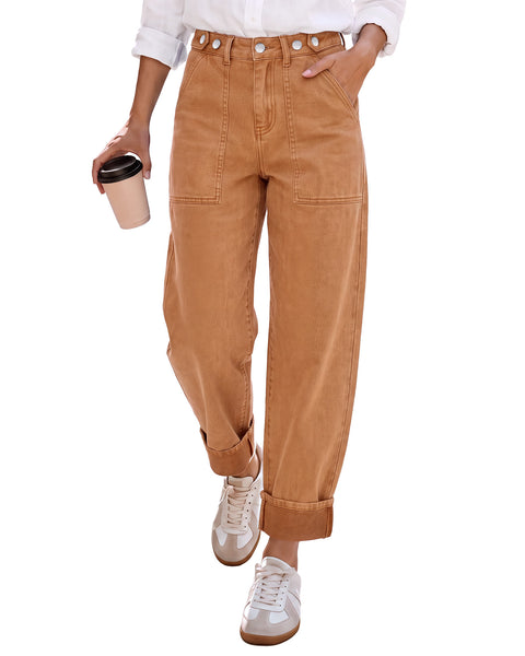 GRAPENT Barrel Jeans Women Cinched High Waisted Cuffed Stretchy Denim Pants Cropped Baggy Wide Leg Jeans, 27 Inch Inseam, Adjustable Cinched Waist, Big Pockets, Work Office Outfits, Casual Daily Wear