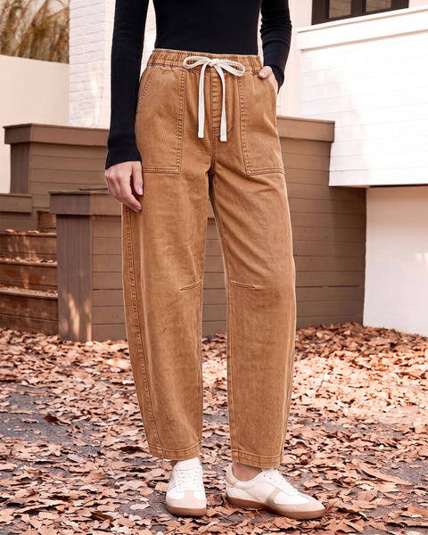 GRAPENT Jeans for Women Baggy Barrel Elastic Waist Stretchy Denim Pants | Barrel Wide Leg Jean Pants, High Waisted, Drawstring, Pull On, Ankle Length, 27.5" Inseam, Side Seams, Dressy Casual Outfits