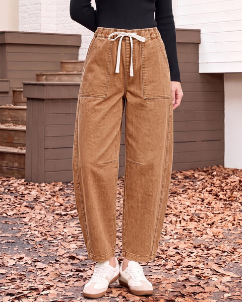 GRAPENT Jeans for Women Baggy Barrel Elastic Waist Stretchy Denim Pants | Barrel Wide Leg Jean Pants, High Waisted, Drawstring, Pull On, Ankle Length, 27.5" Inseam, Side Seams, Dressy Casual Outfits