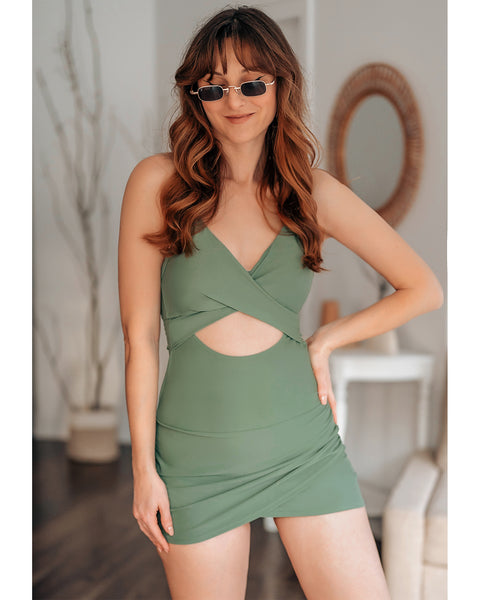 GRAPENT One Piece Bathing Suit for Women with Skirt Cutout Swimsuits Criss Cross Swim Dress Colorblock Tie Back Swimwear