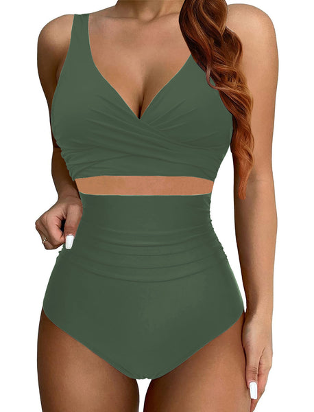 GRAPENT High Waisted Bikini Sets for Women Twist Front Tie Back 2 Piece Bathing Suit V Neck Ruched Swimsuits Bikinis