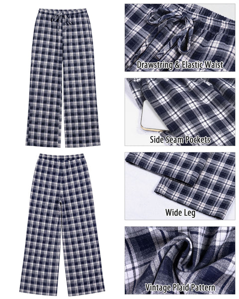 GRAPENT Plaid Pants for Women Wide Leg Elastic Waist Baggy Pull On Trousers | Tartan Pattern, High Waisted with Adjustable Drawstring, Casual Pants with Pockets, Relaxed Fit, For Daily Wear, Fall Outfits