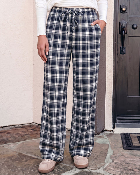 GRAPENT Plaid Pants for Women Wide Leg Elastic Waist Baggy Pull On Trousers | Tartan Pattern, High Waisted with Adjustable Drawstring, Casual Pants with Pockets, Relaxed Fit, For Daily Wear, Fall Outfits