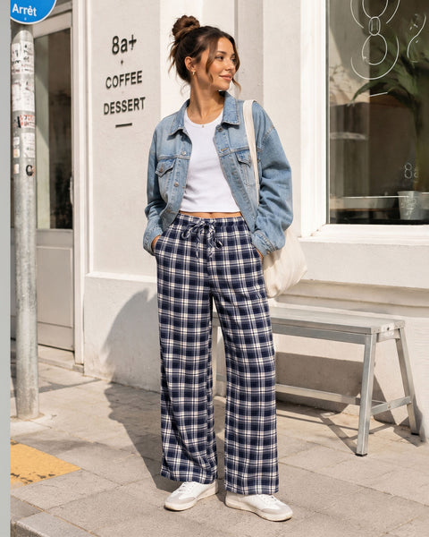 GRAPENT Plaid Pants for Women Wide Leg Elastic Waist Baggy Pull On Trousers | Tartan Pattern, High Waisted with Adjustable Drawstring, Casual Pants with Pockets, Relaxed Fit, For Daily Wear, Fall Outfits