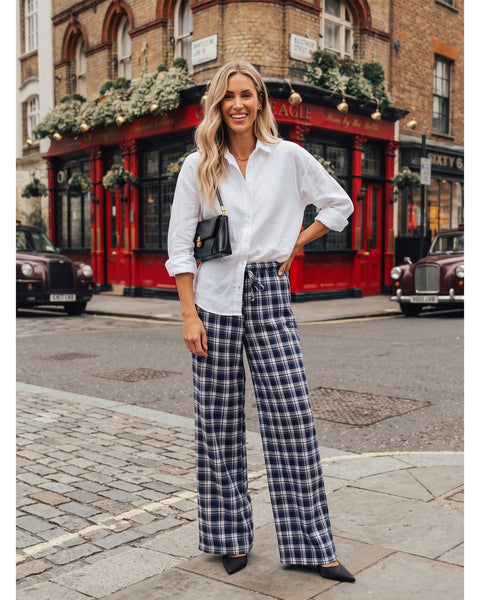 GRAPENT Plaid Pants for Women Wide Leg Elastic Waist Baggy Pull On Trousers | Tartan Pattern, High Waisted with Adjustable Drawstring, Casual Pants with Pockets, Relaxed Fit, For Daily Wear, Fall Outfits