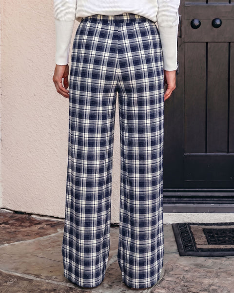 GRAPENT Plaid Pants for Women Wide Leg Elastic Waist Baggy Pull On Trousers | Tartan Pattern, High Waisted with Adjustable Drawstring, Casual Pants with Pockets, Relaxed Fit, For Daily Wear, Fall Outfits