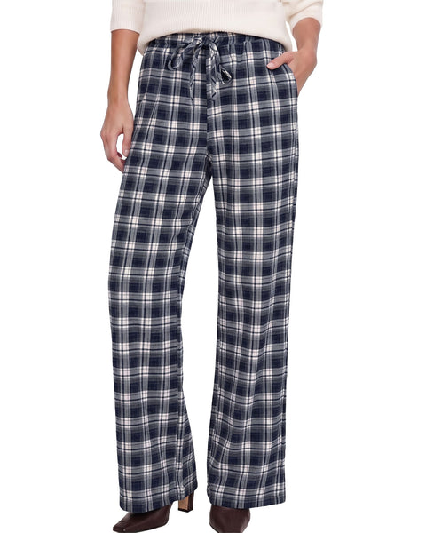 GRAPENT Plaid Pants for Women Wide Leg Elastic Waist Baggy Pull On Trousers | Tartan Pattern, High Waisted with Adjustable Drawstring, Casual Pants with Pockets, Relaxed Fit, For Daily Wear, Fall Outfits