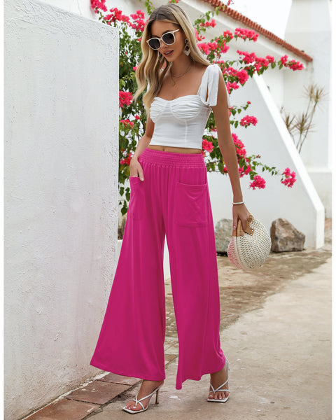GRAPENT Wide Leg Pants for Women High Wasited Baggy Palazzo Pants Casual Pull On Bell Bottom Smocked Elastic Waist Pants