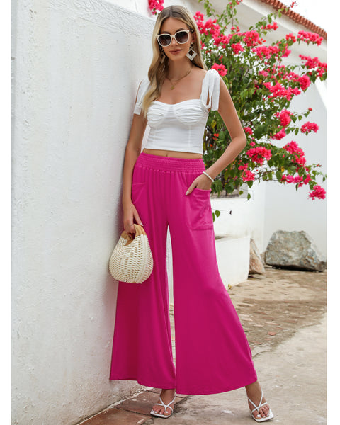 GRAPENT Wide Leg Pants for Women High Wasited Baggy Palazzo Pants Casual Pull On Bell Bottom Smocked Elastic Waist Pants