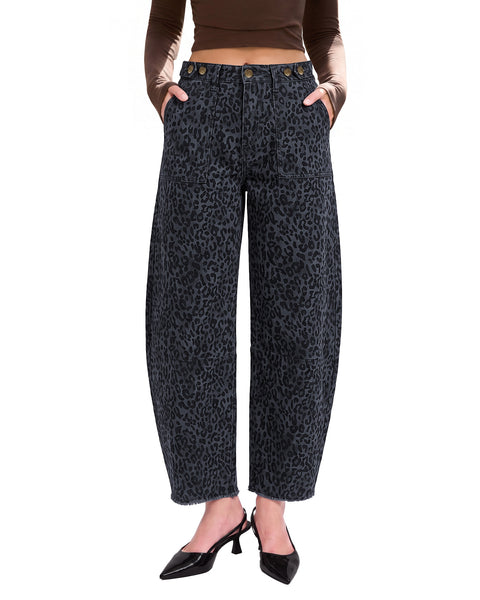 GRAPENT Leopard Barrel Jeans Women High Rise Frayed Hem Cheetah Print Pants | Adjustable Cinched Waist, Ankle Length, 28" Inseam, High Waisted, Leopard Print, Country Concert Outfits, Casual Work Wear