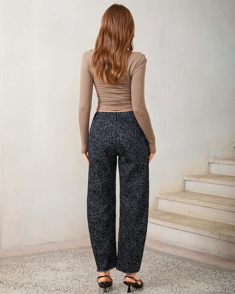 GRAPENT Leopard Barrel Jeans Women High Rise Frayed Hem Cheetah Print Pants | Adjustable Cinched Waist, Ankle Length, 28" Inseam, High Waisted, Leopard Print, Country Concert Outfits, Casual Work Wear