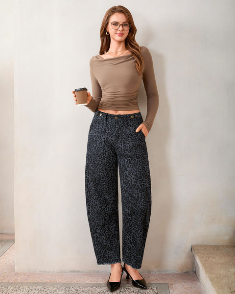 GRAPENT Leopard Barrel Jeans Women High Rise Frayed Hem Cheetah Print Pants | Adjustable Cinched Waist, Ankle Length, 28" Inseam, High Waisted, Leopard Print, Country Concert Outfits, Casual Work Wear