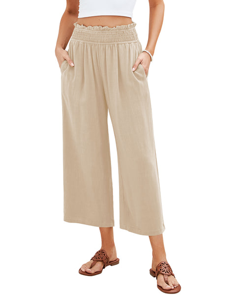 GRAPENT Capri Pants for Women High Waisted Wide Leg Linen Palazzo Trousers Pull On Elastic Smock Waist Loose Flowy Pants