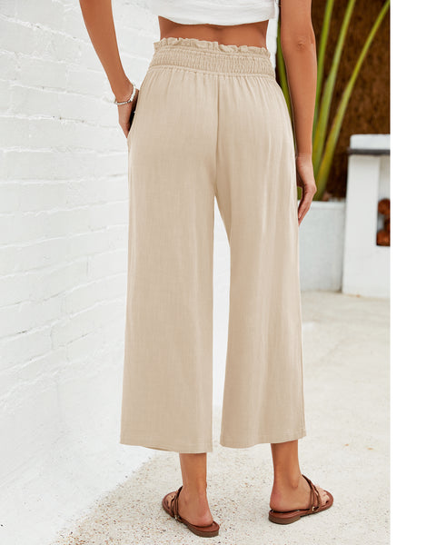 GRAPENT Capri Pants for Women High Waisted Wide Leg Linen Palazzo Trousers Pull On Elastic Smock Waist Loose Flowy Pants