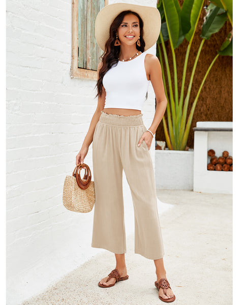 GRAPENT Capri Pants for Women High Waisted Wide Leg Linen Palazzo Trousers Pull On Elastic Smock Waist Loose Flowy Pants