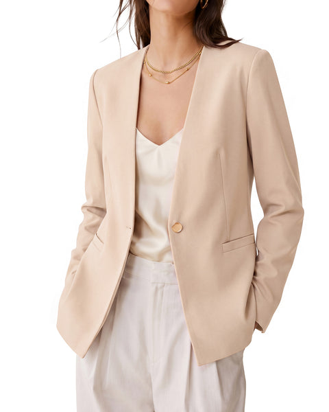 GRAPENT Blazers for Women Dressy Casual Collarless Long Sleeves Suit Jacket Blazers for Women Business Casual, Fully Lined, Shoulder Pads, Single Button, Two Pockets, Work Casual Wear, Interview Outfit