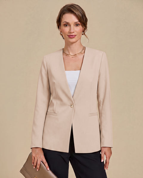 GRAPENT Blazers for Women Dressy Casual Collarless Long Sleeves Suit Jacket Blazers for Women Business Casual, Fully Lined, Shoulder Pads, Single Button, Two Pockets, Work Casual Wear, Interview Outfit
