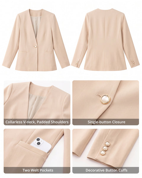 GRAPENT Blazers for Women Dressy Casual Collarless Long Sleeves Suit Jacket Blazers for Women Business Casual, Fully Lined, Shoulder Pads, Single Button, Two Pockets, Work Casual Wear, Interview Outfit