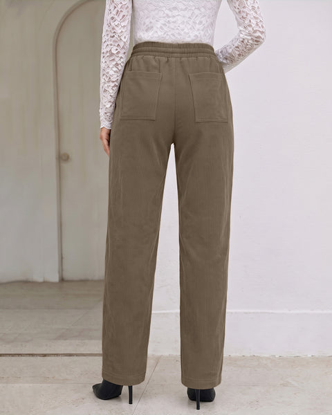 GRAPENT Corduroy Pants Women Straight Leg Leopard Print Drawstring Trousers High Waisted Fit, Elastic Waist with Cheetah Print Drawstring, Easy Pull On Style, Casual Work Pants, Fall Winter Outfits
