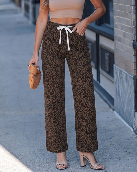 GRAPENT Leopard Jeans for Women Wide Leg High Waisted Cheetah Print Pants | High Rise, Drawstring Waist, Loose Straight Leg, Leopard Print Denim Pants, 28'' Inseam, Fit for Dressy Casual, Everyday Wear