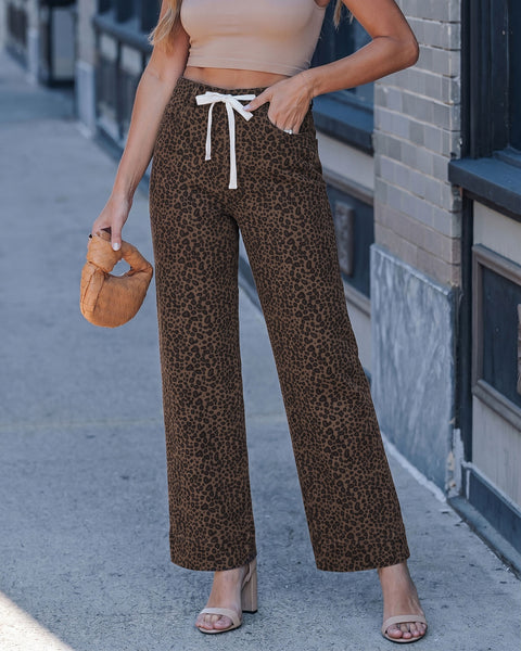 GRAPENT Leopard Jeans for Women Wide Leg High Waisted Cheetah Print Pants | High Rise, Drawstring Waist, Loose Straight Leg, Leopard Print Denim Pants, 28'' Inseam, Fit for Dressy Casual, Everyday Wear