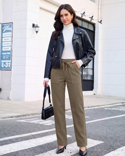 GRAPENT Corduroy Pants Women Straight Leg Leopard Print Drawstring Trousers High Waisted Fit, Elastic Waist with Cheetah Print Drawstring, Easy Pull On Style, Casual Work Pants, Fall Winter Outfits