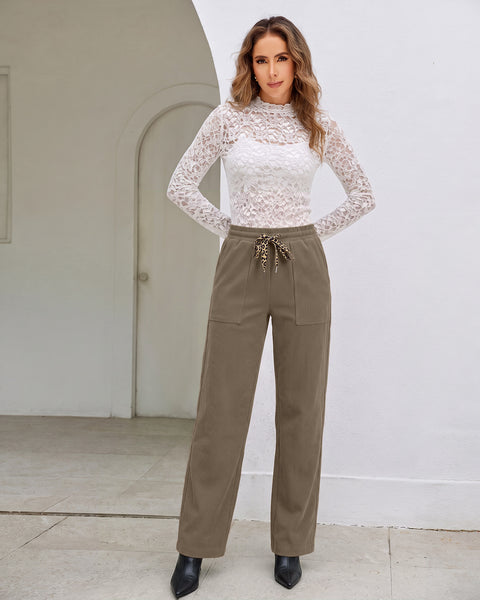 GRAPENT Corduroy Pants Women Straight Leg Leopard Print Drawstring Trousers High Waisted Fit, Elastic Waist with Cheetah Print Drawstring, Easy Pull On Style, Casual Work Pants, Fall Winter Outfits