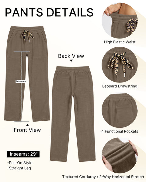 GRAPENT Corduroy Pants Women Straight Leg Leopard Print Drawstring Trousers High Waisted Fit, Elastic Waist with Cheetah Print Drawstring, Easy Pull On Style, Casual Work Pants, Fall Winter Outfits