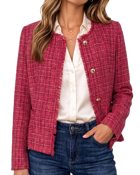 GRAPENT Tweed Blazers for Women Dressy Casual Collarless Work Suit Jackets Textured Tweed, Long Sleeve, Round Neck, Frayed Trim, Casual Blazer Jackets with Shoulder Pads, Business Casual, Office Wear