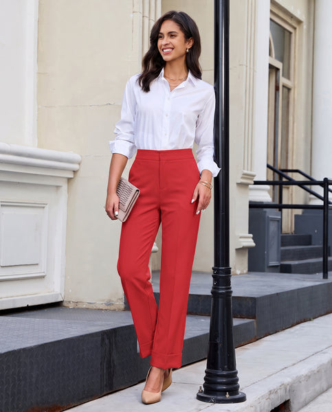 GRAPENT Dress Pants Women Ankle Straight Leg Business Casual Work Trousers Office Pants, Cuffed Hem, High Waisted, Elastic Back Waist, Stretchy Dressy Casual Slacks, Work Wear, Business Casual Outfits