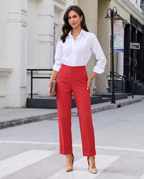 GRAPENT Dress Pants Women Ankle Straight Leg Business Casual Work Trousers Office Pants, Cuffed Hem, High Waisted, Elastic Back Waist, Stretchy Dressy Casual Slacks, Work Wear, Business Casual Outfits