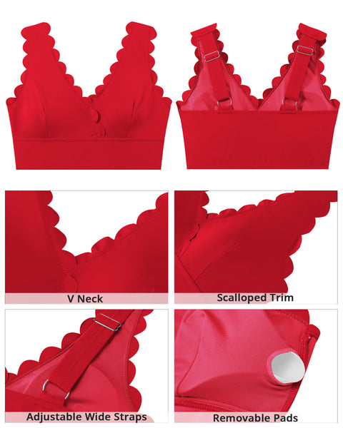 GRAPENT StrapCore Bikini Tops for Women Scalloped Bathing Suit Beach Padded Adjustable Cropped Tankini Swimwear Swim Top Only