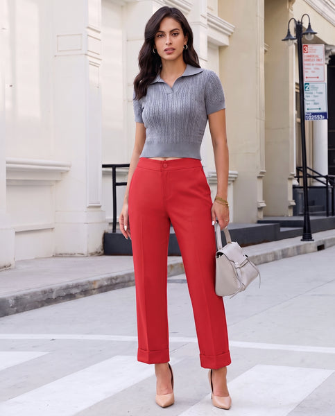 GRAPENT Dress Pants Women Ankle Straight Leg Business Casual Work Trousers Office Pants, Cuffed Hem, High Waisted, Elastic Back Waist, Stretchy Dressy Casual Slacks, Work Wear, Business Casual Outfits
