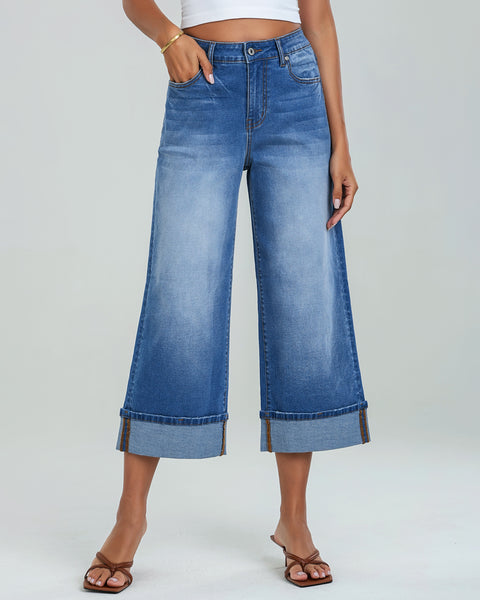 GRAPENT Wide Leg Jeans for Women High Waisted Stretchy Denim Capri Pants Fold Hem Cropped Baggy Capris Jeans with Pocket