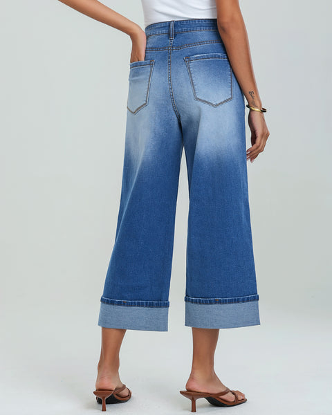 GRAPENT Wide Leg Jeans for Women High Waisted Stretchy Denim Capri Pants Fold Hem Cropped Baggy Capris Jeans with Pocket
