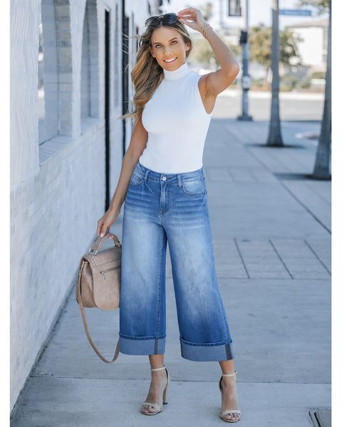 GRAPENT Wide Leg Jeans for Women High Waisted Stretchy Denim Capri Pants Fold Hem Cropped Baggy Capris Jeans with Pocket