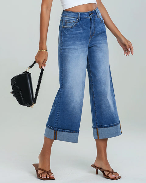 GRAPENT Wide Leg Jeans for Women High Waisted Stretchy Denim Capri Pants Fold Hem Cropped Baggy Capris Jeans with Pocket