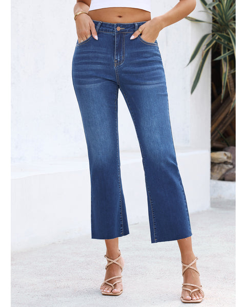 GRAPENT Women's High Waisted Flared Cropped Jeans Raw Hem Denim Pants