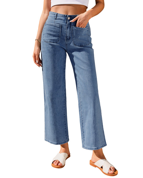 GRAPENT Wide Leg Jeans for Women High Waisted Straight Leg Stretchy Cropped Denim Pants with Pockets Jean Trousers