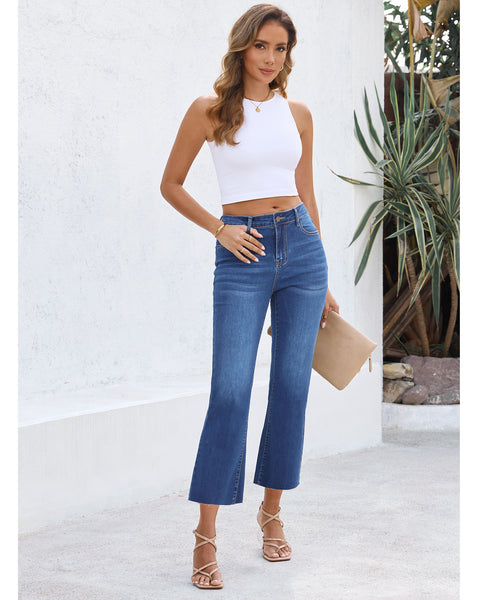 GRAPENT Women's High Waisted Flared Cropped Jeans Raw Hem Denim Pants
